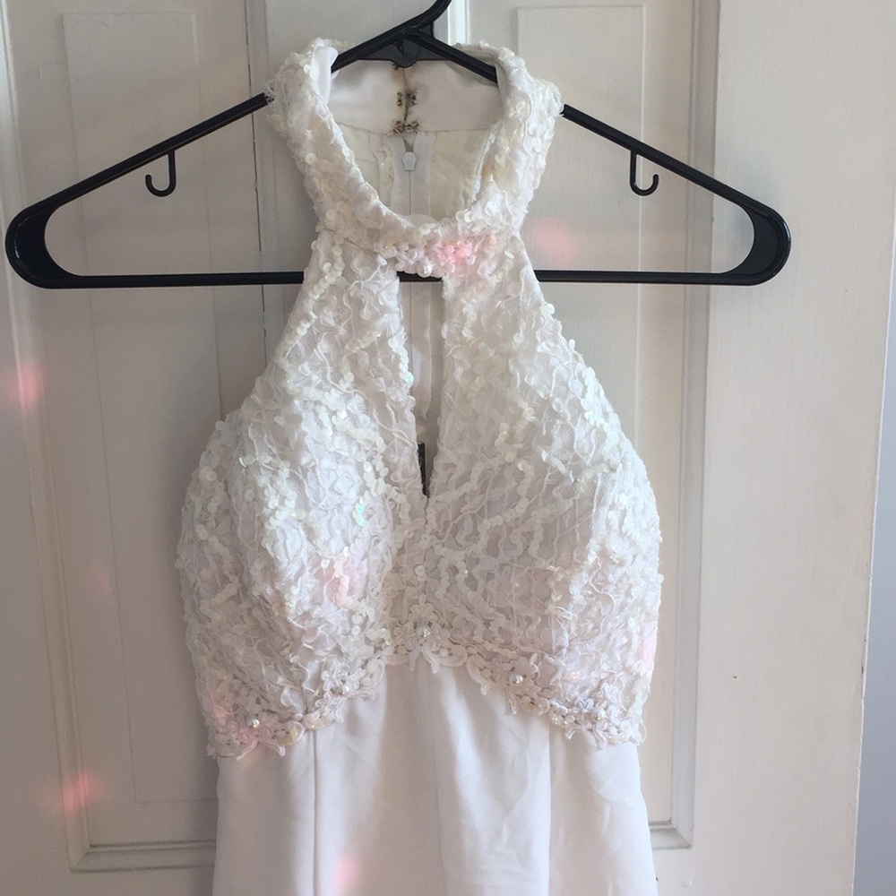 White Sequin Pearl & Lace Prom Dress